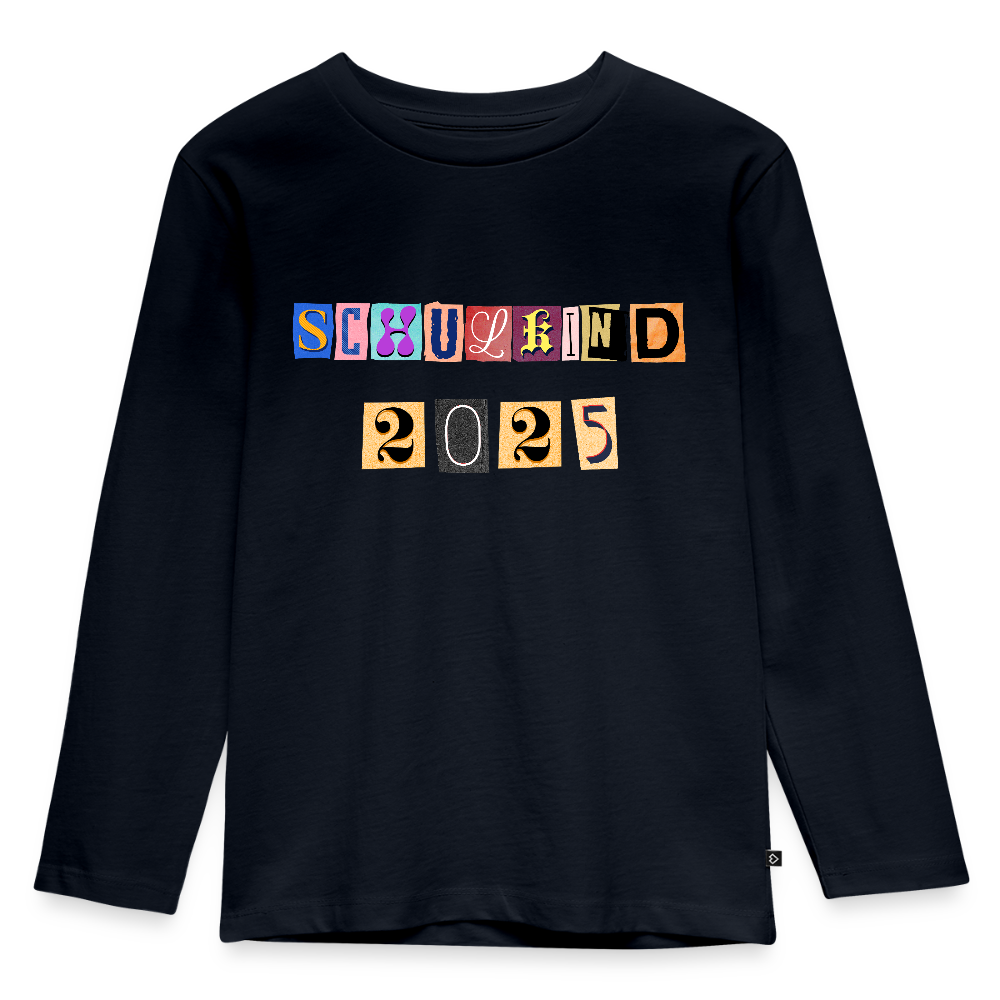 Bio Kinder Langarmshirt "Schulkind 2025 Zeitungsschnipsel" - Navy