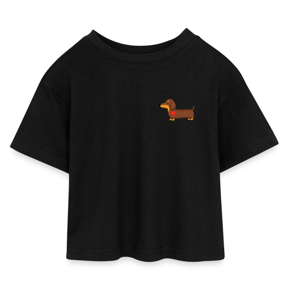 Kinder Cropped T-Shirt "Dackel mit Herz" - Schwarz