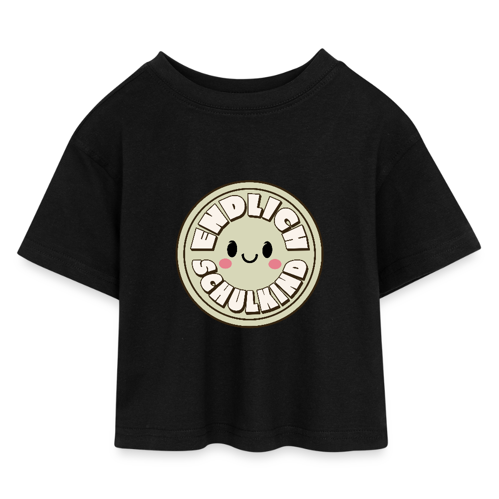 Kinder Cropped T-Shirt "Endlich Schulkind Smiley" - Schwarz