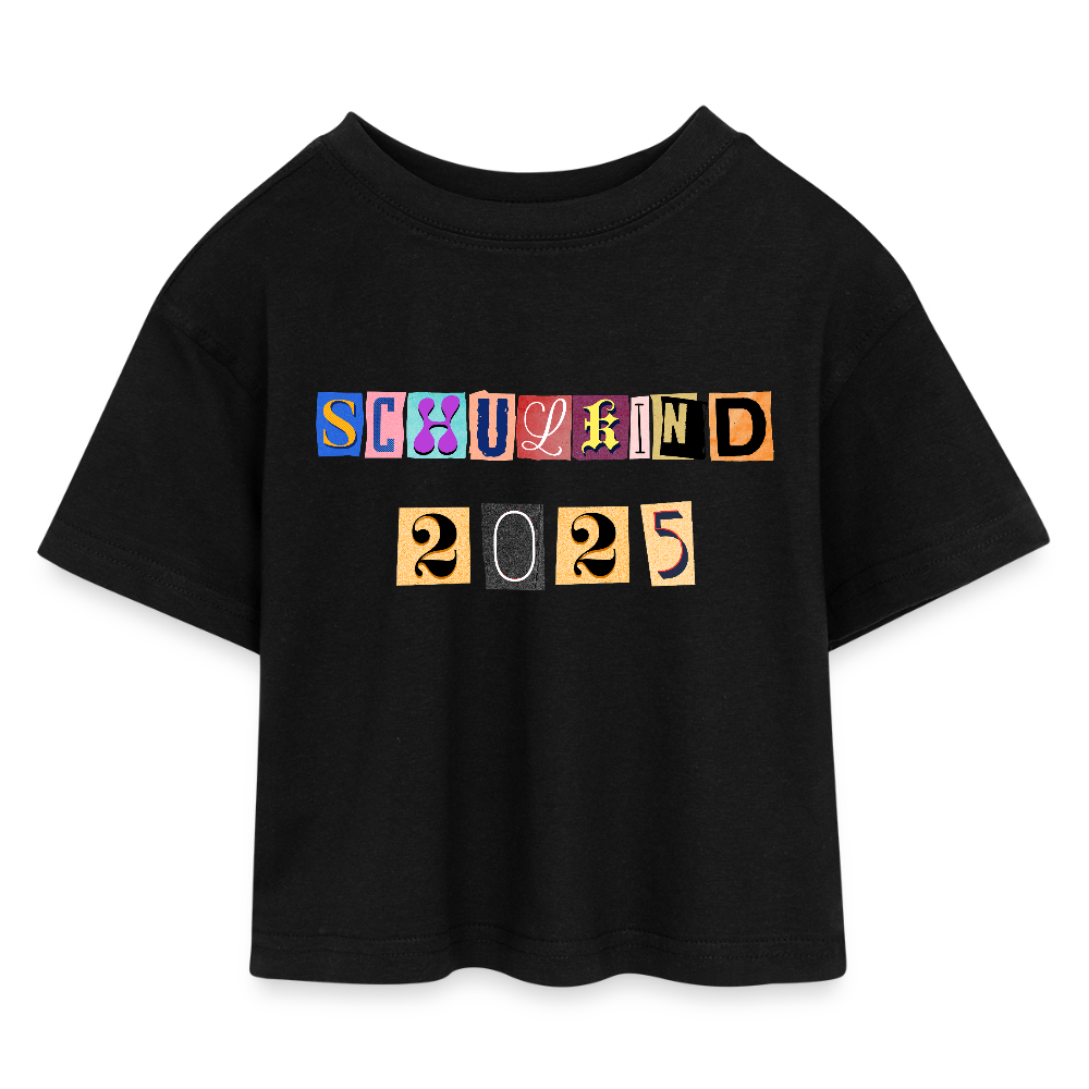 Kinder Cropped T-Shirt "Schulkind 2025 Zeitungsschnipsel" - Schwarz