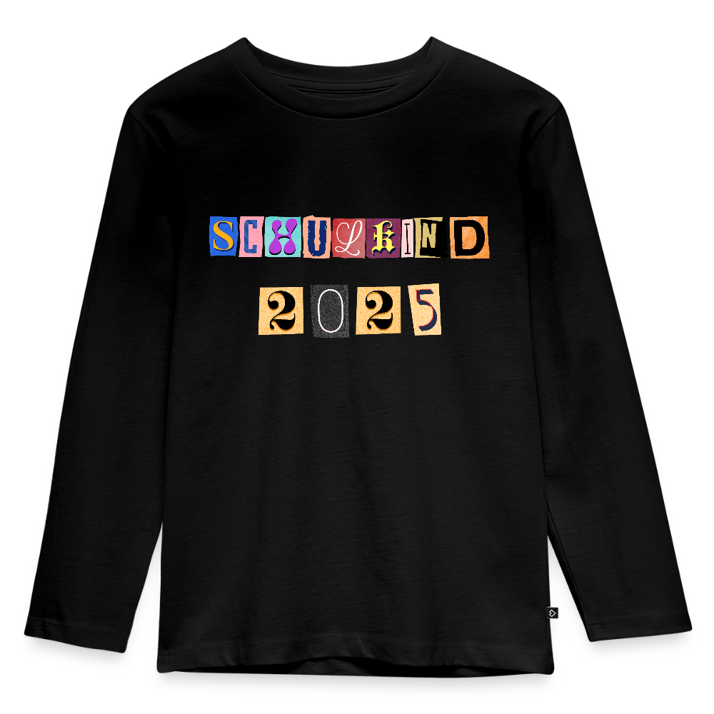 Bio Kinder Langarmshirt "Schulkind 2025 Zeitungsschnipsel" - Schwarz