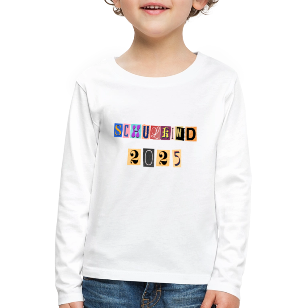 Bio Kinder Langarmshirt "Schulkind 2025 Zeitungsschnipsel" - Weiß
