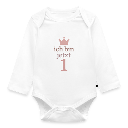 Bio Baby Langarm-Body "ich bin jetzt eins" - Weiß