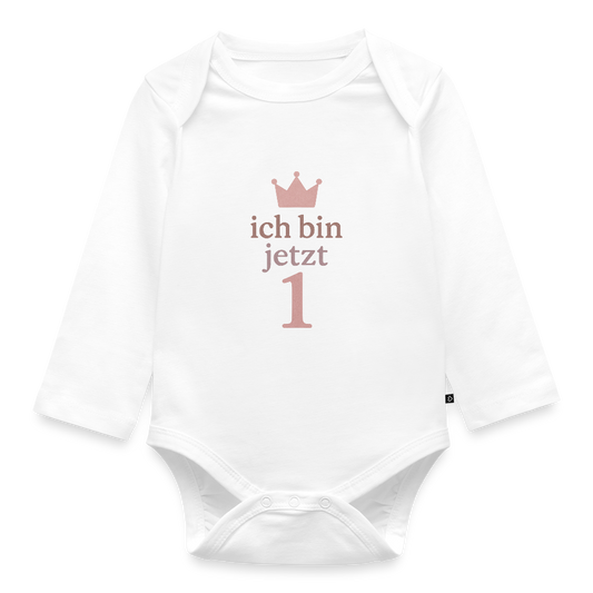 Bio Baby Langarm-Body "ich bin jetzt eins" - Weiß