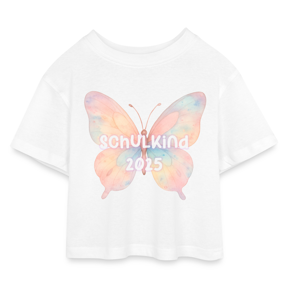 Kinder Cropped T-shirt "Schulkind 2025 Schmetterling" - Weiß
