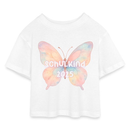 Kinder Cropped T-shirt "Schulkind 2025 Schmetterling" - Weiß