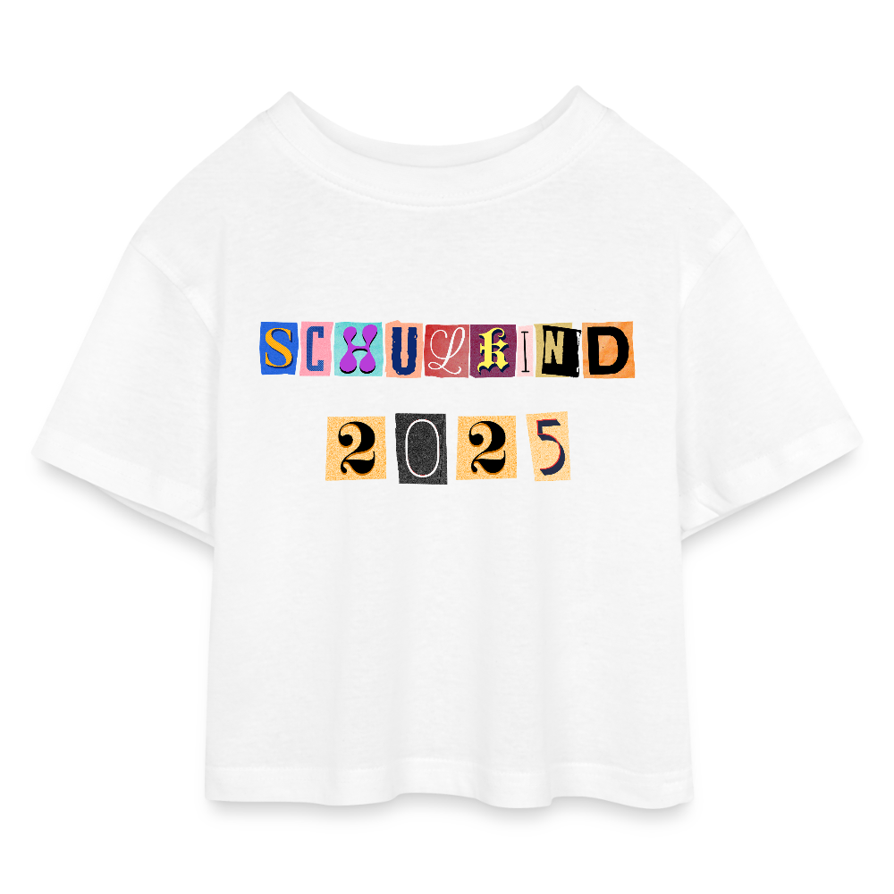 Kinder Cropped T-Shirt "Schulkind 2025 Zeitungsschnipsel" - Weiß
