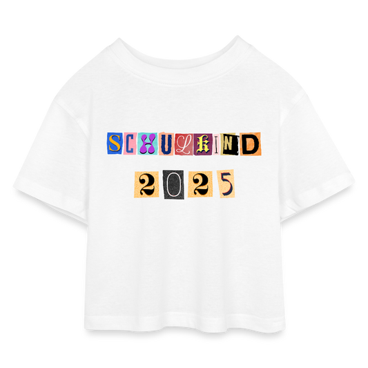 Kinder Cropped T-Shirt "Schulkind 2025 Zeitungsschnipsel" - Weiß