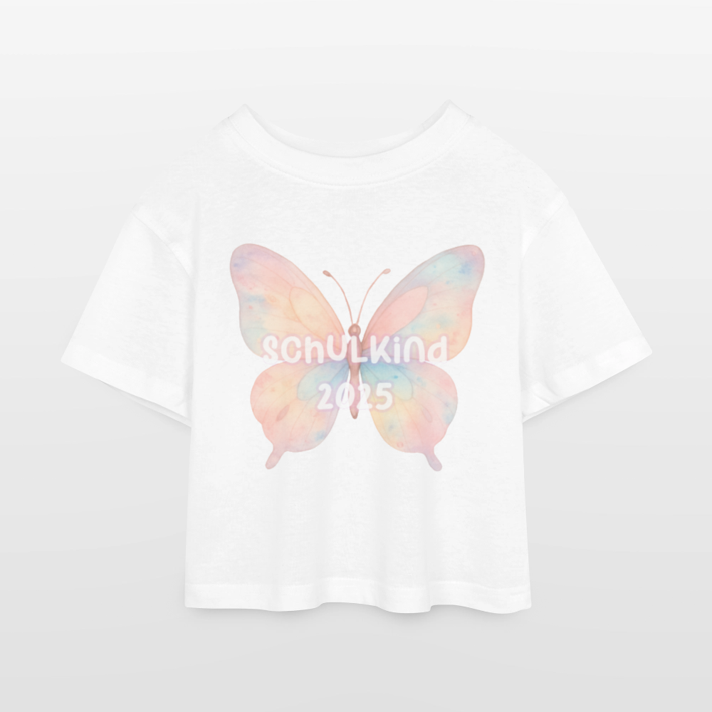 Kinder Cropped T-shirt "Schulkind 2025 Schmetterling" - Weiß