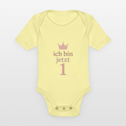 Bio Baby Kurzarm-Body "ich bin jetzt eins" - Hellgelb