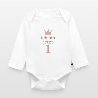 Bio Baby Langarm-Body "ich bin jetzt eins" - Weiß