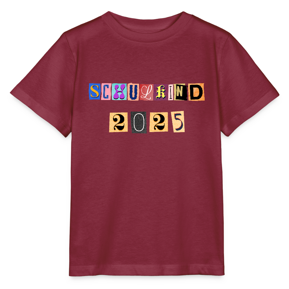 Bio Kinder T-Shirt "Schulkind 2025 Zeitungsschnipsel" - Burgunderrot