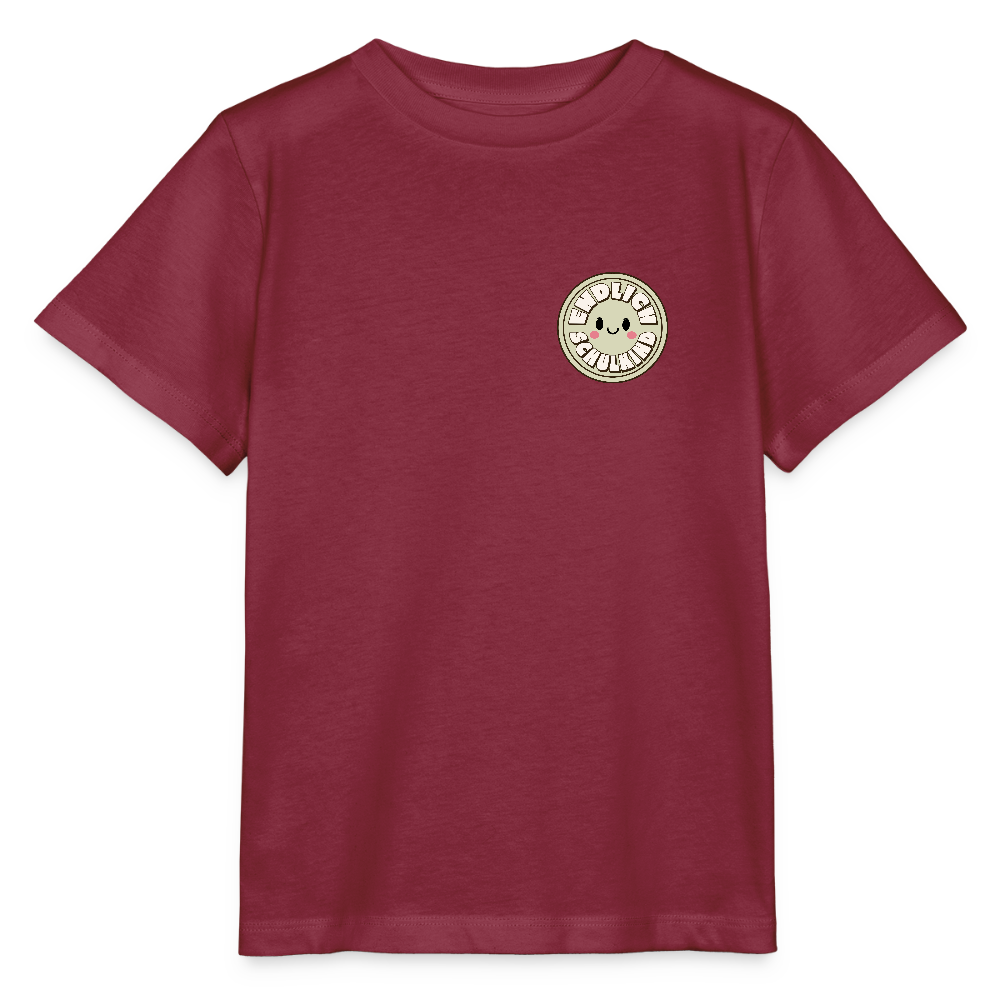 Bio Kinder T-Shirt "Endlich Schulkind Smiley" - Burgunderrot