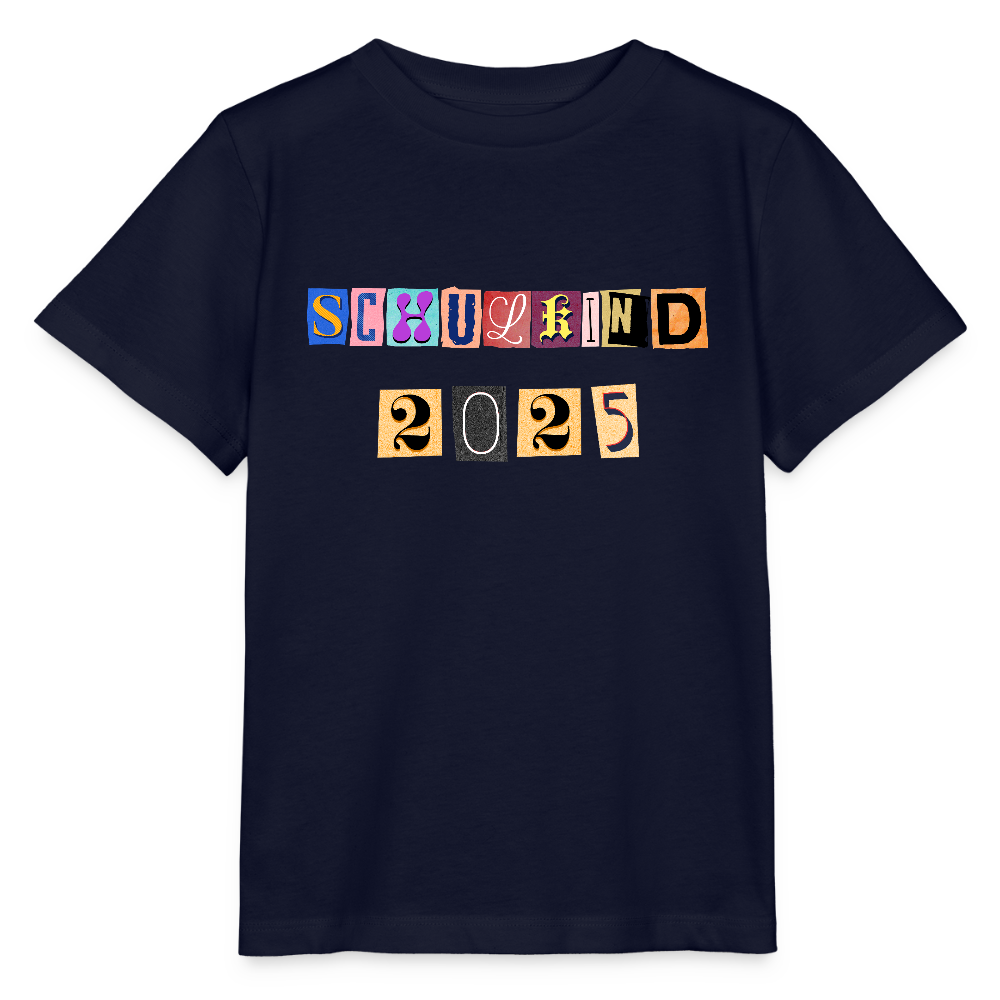 Bio Kinder T-Shirt "Schulkind 2025 Zeitungsschnipsel" - Navy