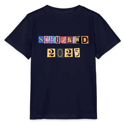 Bio Kinder T-Shirt "Schulkind 2025 Zeitungsschnipsel" - Navy