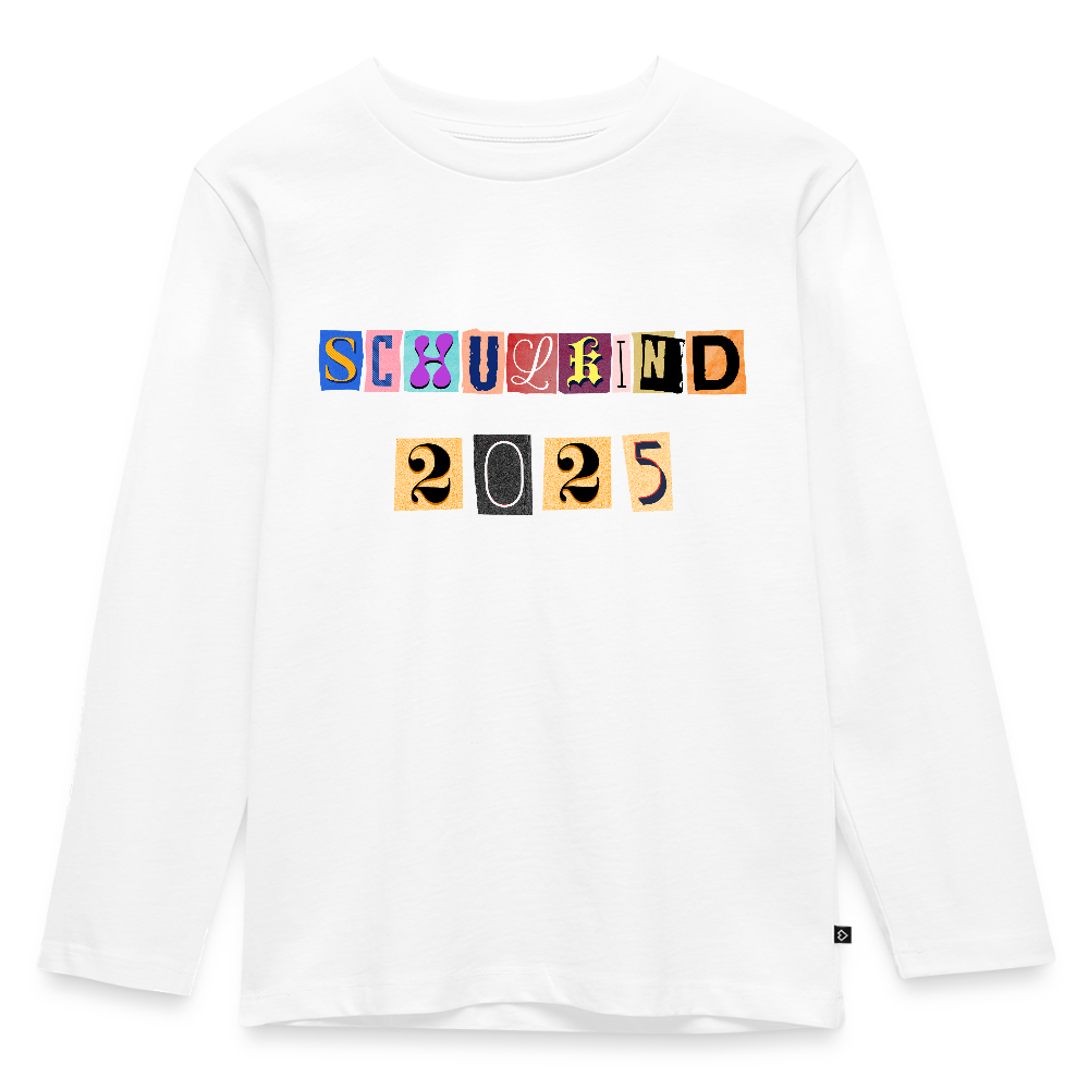 Bio Kinder Langarmshirt "Schulkind 2025 Zeitungsschnipsel" - Weiß