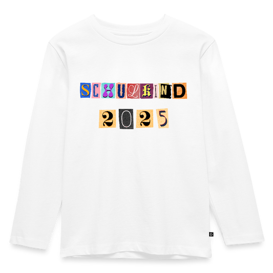 Bio Kinder Langarmshirt "Schulkind 2025 Zeitungsschnipsel" - Weiß