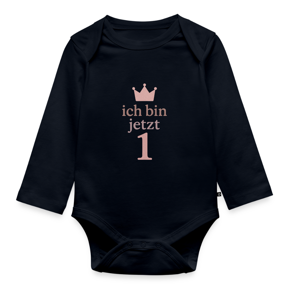 Bio Baby Langarm-Body "ich bin jetzt eins" - Navy