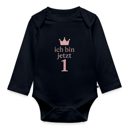 Bio Baby Langarm-Body "ich bin jetzt eins" - Navy