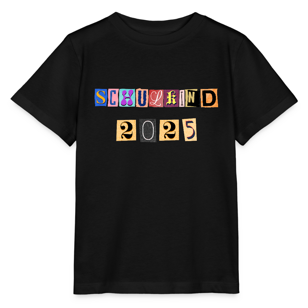Bio Kinder T-Shirt "Schulkind 2025 Zeitungsschnipsel" - Schwarz