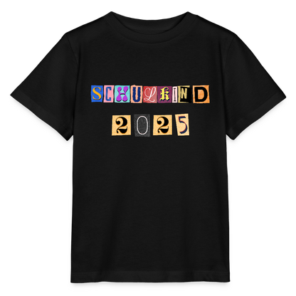 Bio Kinder T-Shirt "Schulkind 2025 Zeitungsschnipsel" - Schwarz