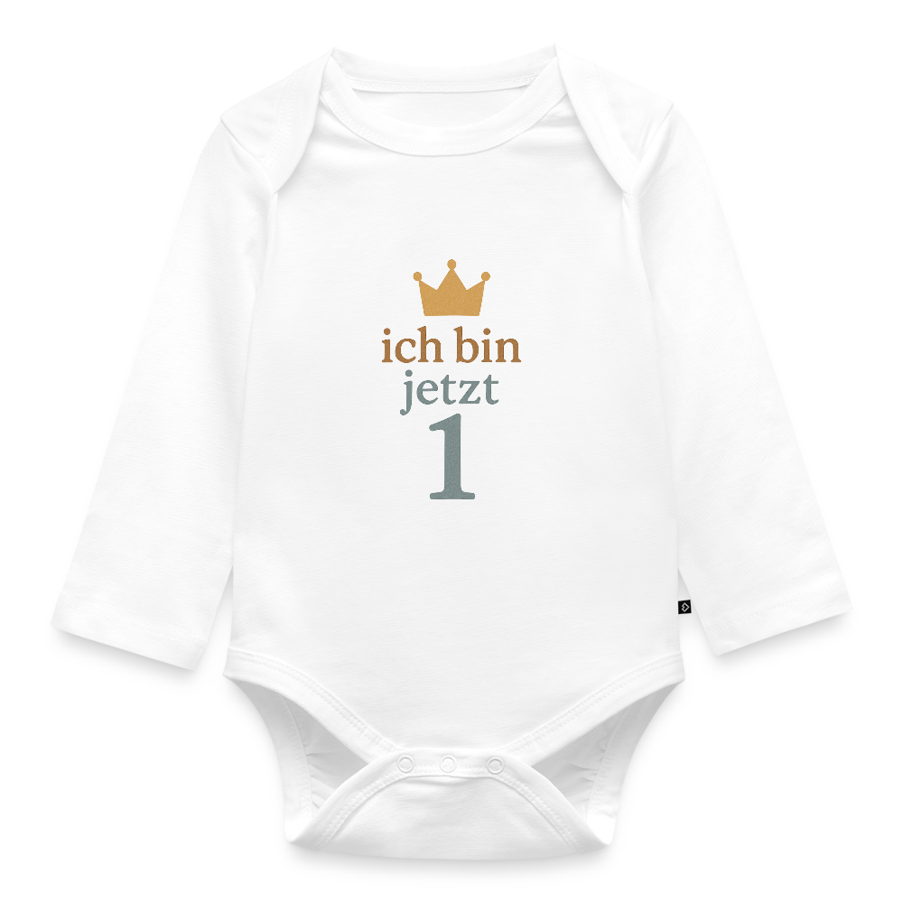 Bio Baby Langarm-Body "ich bin jetzt eins" - Weiß