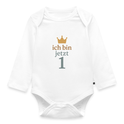 Bio Baby Langarm-Body "ich bin jetzt eins" - Weiß