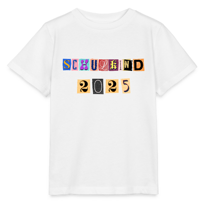 Bio Kinder T-Shirt "Schulkind 2025 Zeitungsschnipsel" - Weiß