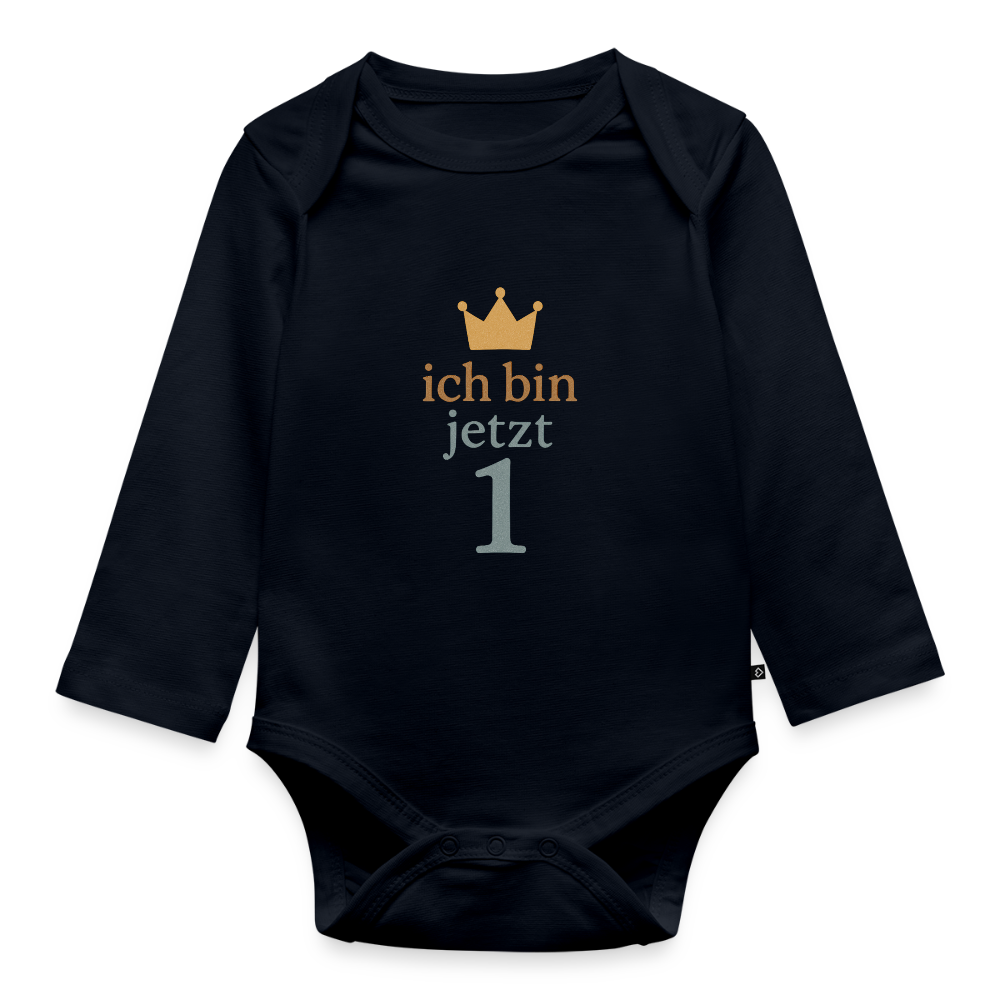 Bio Baby Langarm-Body "ich bin jetzt eins" - Navy