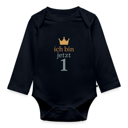 Bio Baby Langarm-Body "ich bin jetzt eins" - Navy