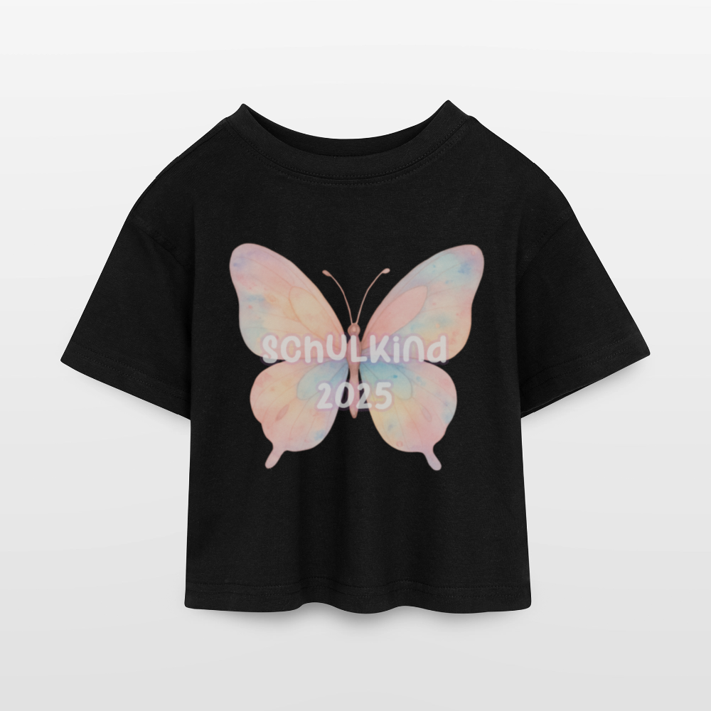 Kinder Cropped T-shirt "Schulkind 2025 Schmetterling" - Schwarz