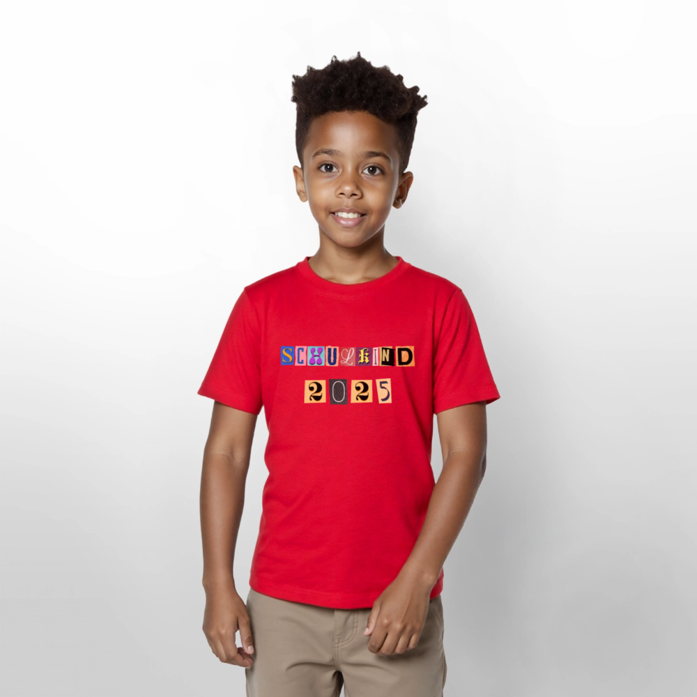 Bio Kinder T-Shirt "Schulkind 2025 Zeitungsschnipsel" - Rot