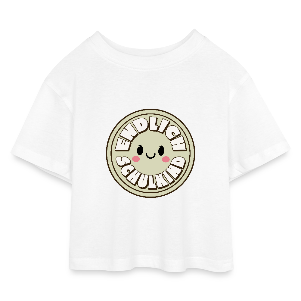 Kinder Cropped T-Shirt "Endlich Schulkind Smiley" - Weiß