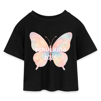 Kinder Cropped T-shirt "Schulkind 2025 Schmetterling" - Schwarz
